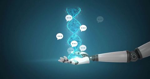Robotic Arm Displaying Holographic DNA with Speech Bubbles