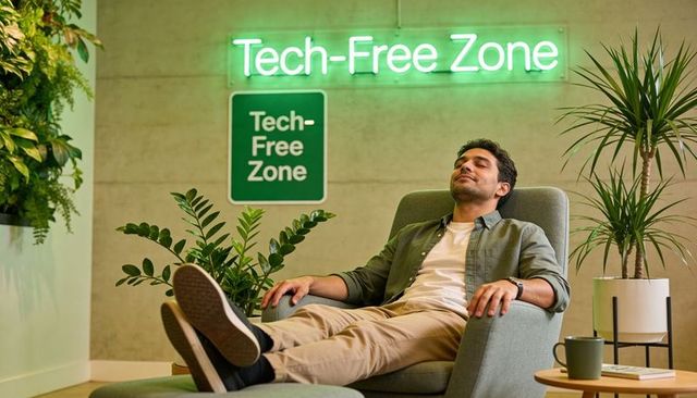 Relaxing in tech-free zone: man lounging in biophilic office lounge with plants