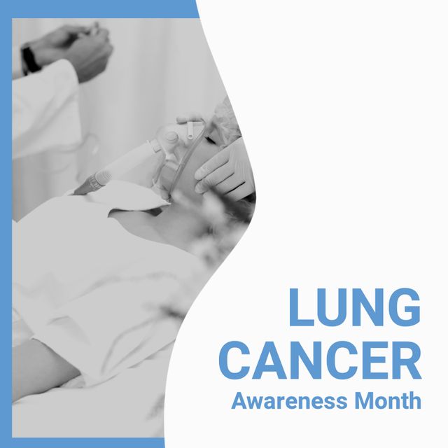 Image of lung cancer awareness month over caucasian woman with oxygen mask in hospital. Health, medicine and cancer awareness concept.