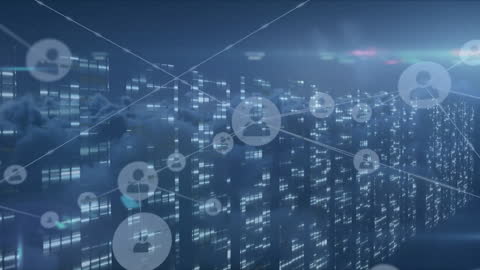 Global Network Connections over Modern Cityscape Abstract