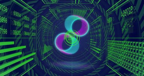 Virtual Data Tunnel with Holographic Rings and Neon Displays