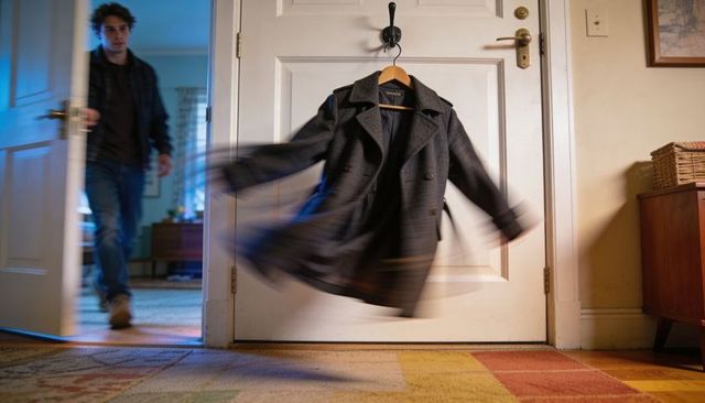 Spinning wool peacoat on hanger in entryway, man entering with motion blur