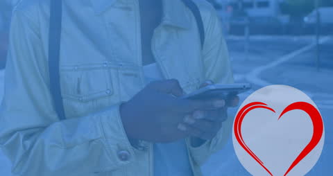 Person wearing jacket using smartphone connection concept