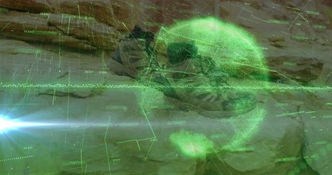 Tactical Hiking Boots with Futuristic HUD in Desert Canyon