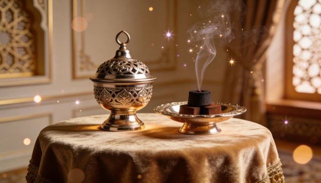 Golden filigree incense burner with curling smoke on velvet table, arabesque luxury decor
