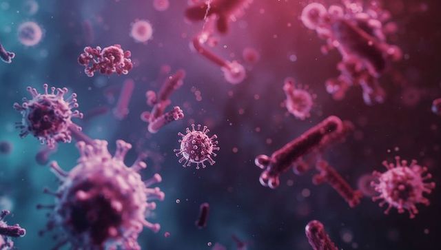 Glowing spherical virus particles in bioluminescent scene