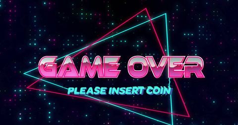 Neon Retro Game Over Screen with Insert Coin Text