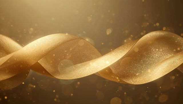 Twisting Metallic Gold Ribbon with Glitter and Bokeh for Luxurious Backgrounds and Packaging