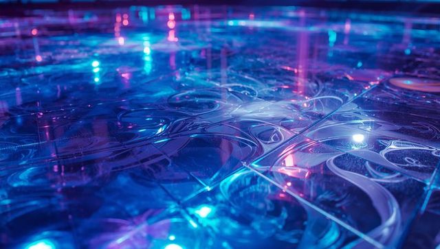 Embossed Glass Tiles Reflecting Neon Light in Futuristic Installation