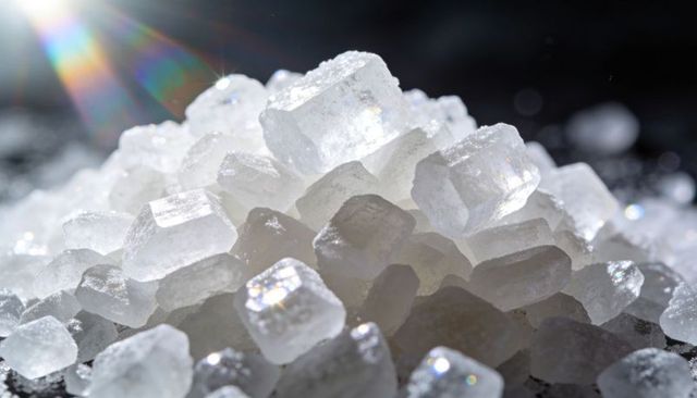 Glowing cubic halite salt crystals close-up with rainbow light flare and shimmering texture