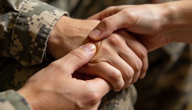 Service member receiving comforting hand hold conveying support compassion and care