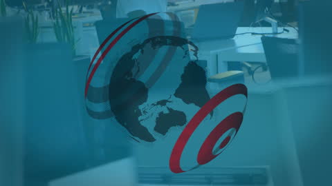 Digital Globe Animation Over Business Office Setting
