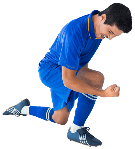 Ecstatic football player kneeling on transparent background