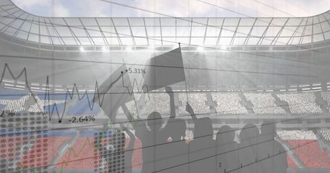 Silhouetted Fans Cheering Behind Economic Data at Sports Stadium