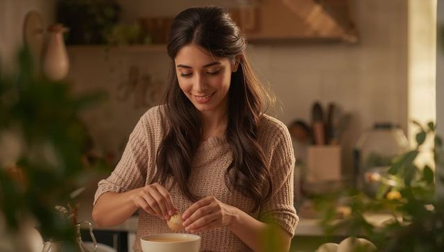 Smiling woman cracking egg into bowl while preparing batter in cozy rustic home kitchen