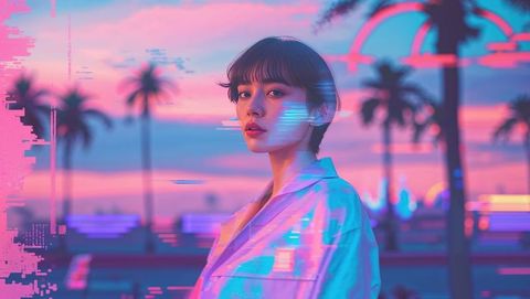 Surreal cyberpunk fashion with neon glitch aesthetic