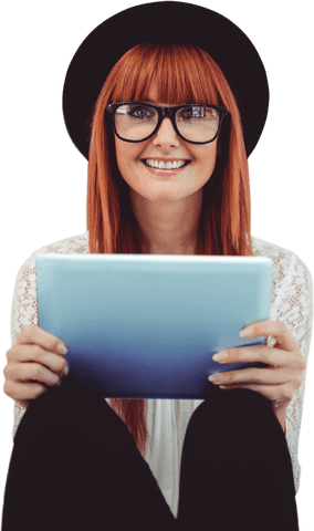 Smiling hipster woman with tablet on transparent background