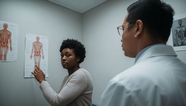 Patient pointing at skeletal chart while doctor consulting in exam room
