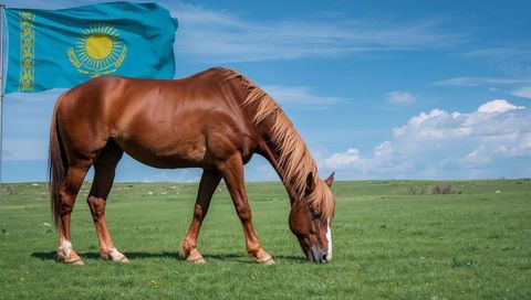 Chestnut horse grazing on Kazakh steppe with Kazakhstan flag and open grassland horizon