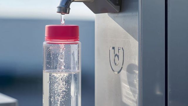 Refillable water bottle under faucet at eco-friendly station