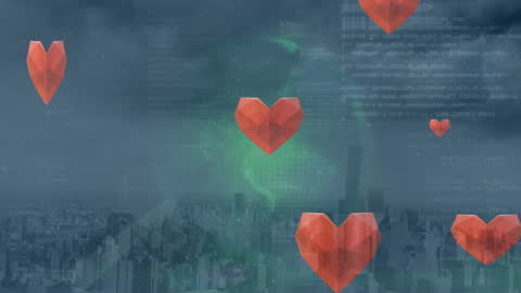 Global Data Processing with Floating Hearts Over Cityscape