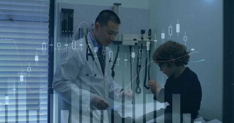 Doctor examining child during pediatric checkup with medical chart and data overlay