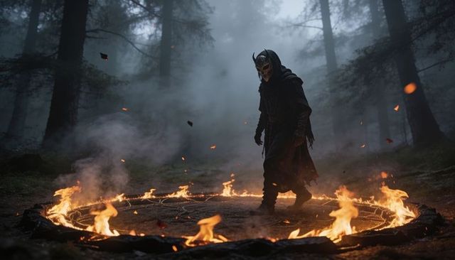 Horned masked figure performing fire ritual inside burning sigil in foggy pine forest