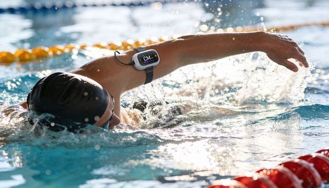 Swimmer wearing waterproof armband monitor during lap pool training tracking metrics