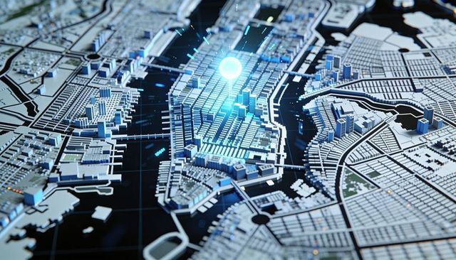 Neon beacon over grid city model highlighting urban data layers and smart city mapping
