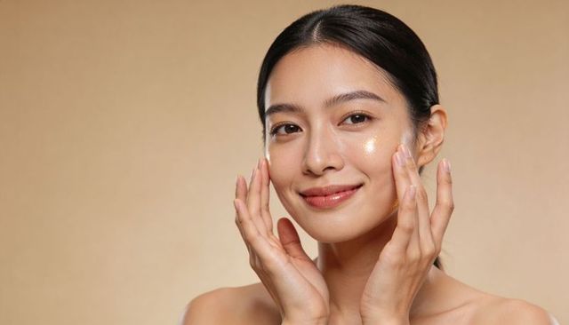 Asian woman applying golden face serum for dewy skin and radiant beauty