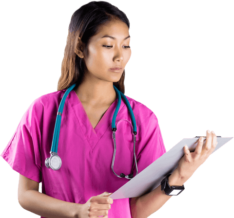 Transparent asian nurse wearing pink scrubs reviewing medical file