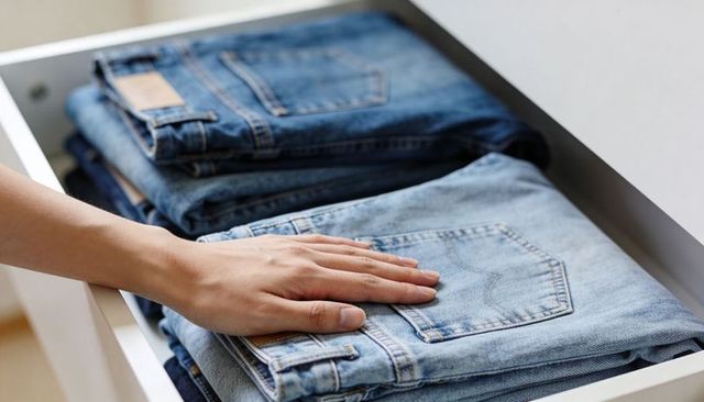 Hand smoothing folded denim jeans in drawer for closet organization, wardrobe styling