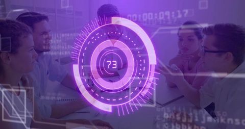 Team Collaborating with Virtual Interface in Modern Meeting