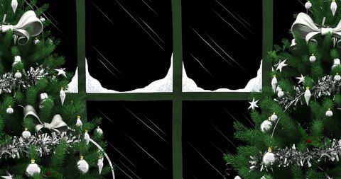 Holiday Window with Christmas Trees and Falling Snow