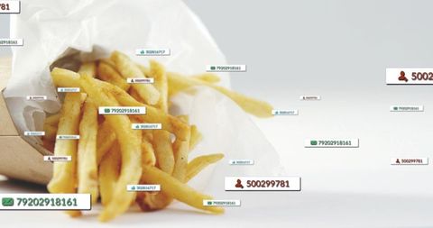Serving crispy seasoned fries with digital label overlay and copy space