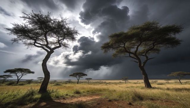 Storm gathering over african savanna with acacia silhouettes and sunbeams