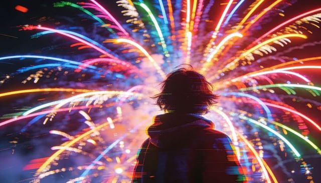 Silhouetted person in hooded jacket watching vibrant fireworks bursting across night sky