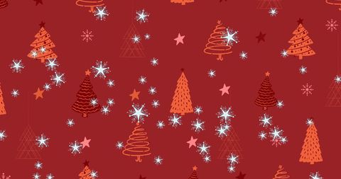 Festive christmas trees and stars pattern on red background