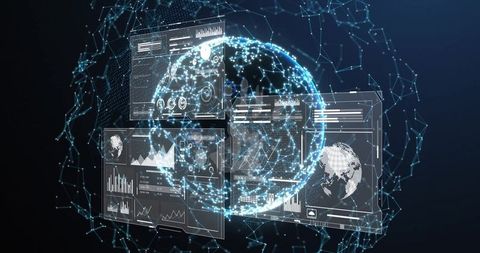 Futuristic digital globe interface with holographic data panels