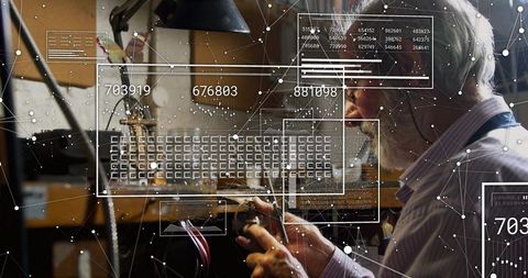 Senior technician inspecting pcb with augmented reality diagnostics and hud repair overlay