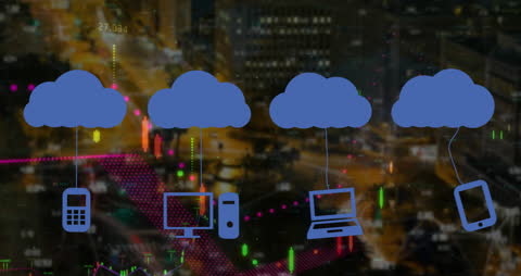 Abstract Cloud Digital Interface with Urban Landscape Backdrop