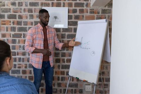 Focused Coworker Illustrating Graphical Data in Modern Brick Wall Office