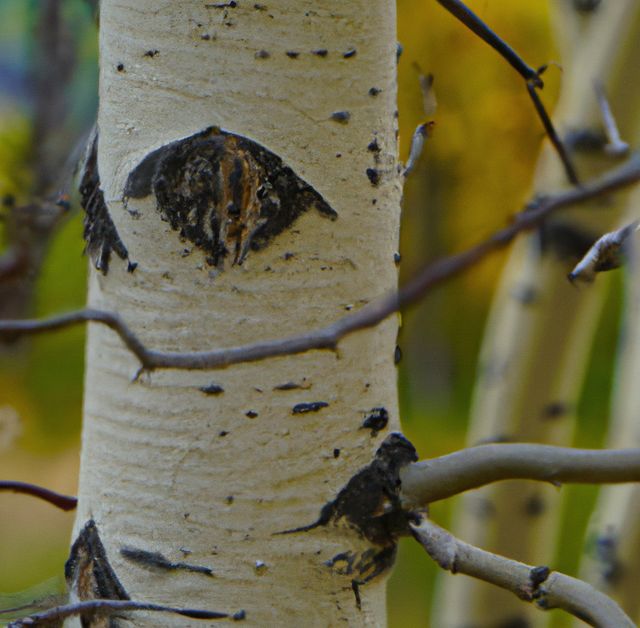 Detailed close-up of an aspen tree trunk showcases unique bark patterns. The image highlights the natural texture and appearance typically seen in forest settings, especially during the autumn season. Ideal for use in nature magazines, environmental websites, educational materials on botany, and wallpaper designs for those who appreciate natural aesthetics.