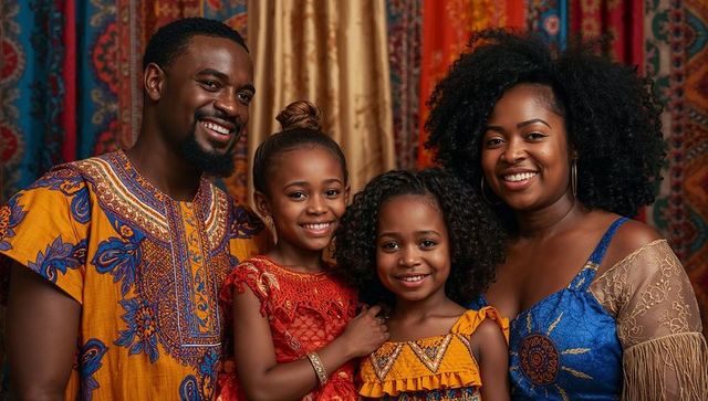 Smiling family celebrating cultural heritage wearing vibrant dashiki and patterned dresses