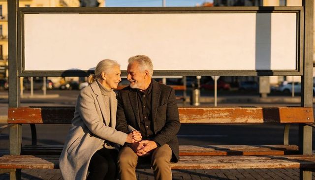 Smiling senior couple holding hands on bench at sunset with blank billboard