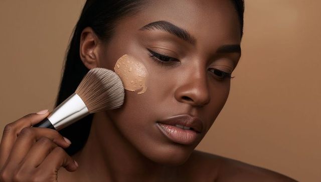 Black woman applying liquid foundation with brush – closeup beauty portrait, dewy skin