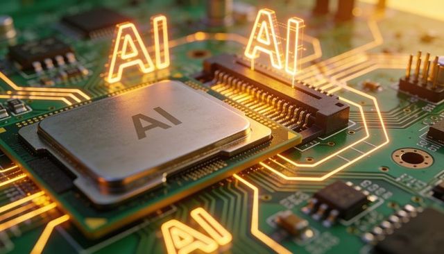 Glowing ai processor powering neural circuits on printed circuit board close-up