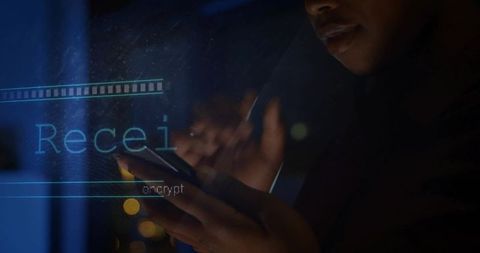 Woman engaged with smartphone technology and digital connectivity overlay