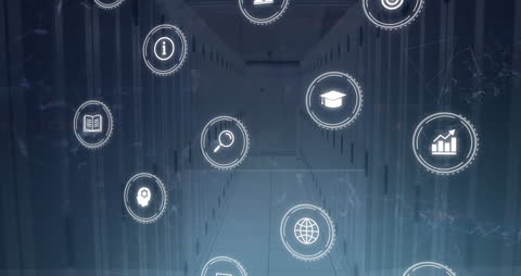 Futuristic Networking Icons Floating in Modern Server Room