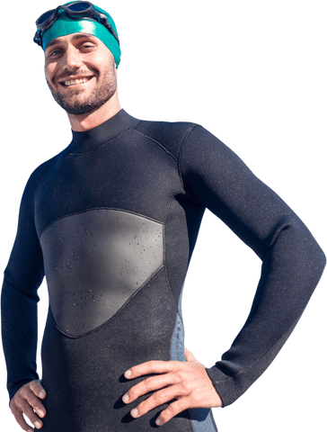 Confident swimmer in wetsuit smiling on transparent background